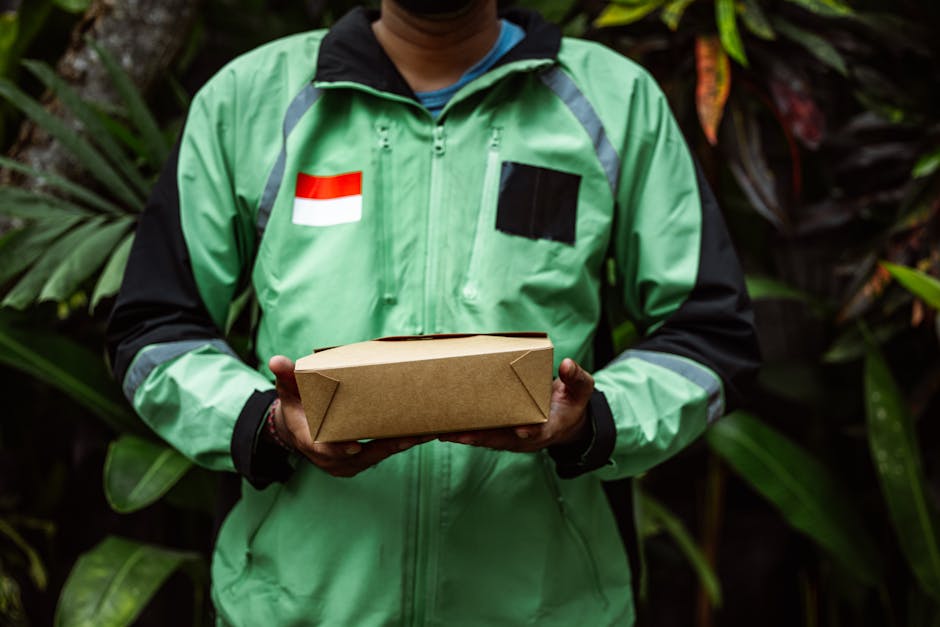 A delivery person wearing a green and black jacket with a red and white flag patch and a black patch on the chest is holding a rectangular, brown paper parcel in both hands. The background features lu