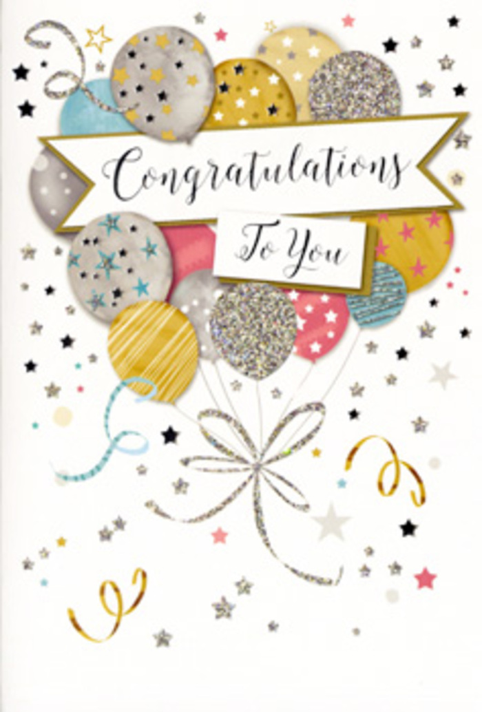 This congratulations card's artwork suggests a quiet yet unmistakable sense of achievement, much like stepping out of an office near Millbank after receiving good news. Dominating the centre of the design is a loosely gathered bouquet of illustrated balloons, their shapes soft and rounded, overlapping to create a feeling of fullness without heaviness. The colour palette is refined: warm gold, cool silver, pale champagne, airy sky blue, tender blush pink, and a whisper of dove grey. Each balloon is adorned with its own subtle decoration-scattered star motifs, slender metallic stripes, or subtle glitter-like specks-lending the impression of gentle sparkle as if brushed with evening light from the nearby riverfront. From the base of the balloon cluster, slender ribbons in shimmering gold and silver fall in easy spirals, crossing and curling in a natural way that recalls the tails of satin ribbons wrapped around a hand-tied bouquet. Across the middle of this floating arrangement, a banner stretches with a smooth, slightly curved line, carrying the words Congratulations To You in ornate yet open calligraphy that feels both celebratory and sincere. The background is soft and understated, sprinkled with miniature stars, confetti flecks, and whimsical, curl-like lines that echo the carefree scatter of party streamers on a polished table in one of Millbank's nearby townhouses. There is a sense of light and space, with no overcrowding, just an easy balance between elements. You can almost feel the thickness of quality card stock and the delicate texture where metallic inks and glitter accents might rise slightly from the surface. As a local florist, I imagine slipping this card alongside a fresh bouquet and sending it off for same-day delivery around Millbank and Westminster, allowing the card's gentle glamour to mirror the pride and joy behind every congratulatory message.