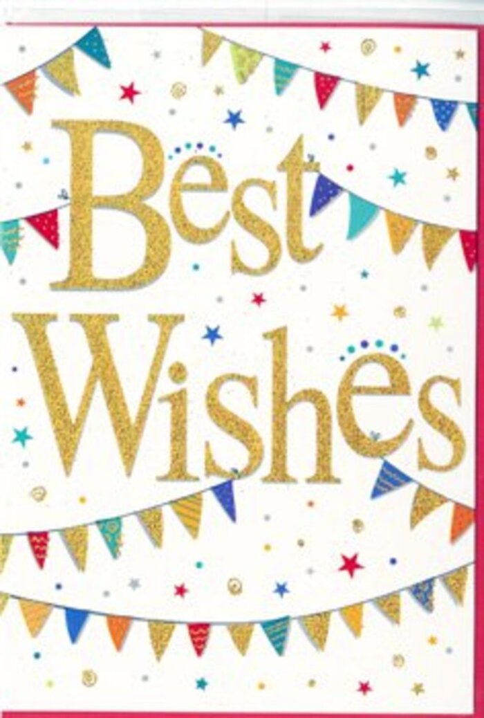 In this image, a congratulations card is presented with a design that feels both contemporary and joyfully timeless, perfectly at home among fresh flowers on a Millbank windowsill. The centre of the card holds the phrase Best Wishes in generous golden script. The lettering is bold yet elegant, with sweeping curves and rounded forms that suggest a handwritten flourish. A layer of fine glitter catches the light across each stroke, giving the gold an almost velvety shimmer, more like brushed metal than harsh sparkle. The words sit proudly against a bright white background, which makes the gold glow all the more. Encircling the central text, strings of colourful bunting arc gently from one edge of the card to the other, like festive garlands draped above a riverside terrace celebration. Each small triangular flag is meticulously detailed: one may be filled with bold diagonal stripes, another with tiny dots, and another left as a simple block of emerald green, raspberry red, deep blue, or sunny yellow. This variety of patterns and hues keeps the eye dancing across the card while maintaining a harmonious palette. Between these bunting strands, a scattering of small star shapes and circular confetti dots appears in coordinating tones, some matte and some lightly metallic, as if reflecting the soft glow of nearby city lights. The white background remains visible between every element, lending balance and a refined clarity that prevents the design from feeling cluttered. The result is a card that communicates genuine celebration and encouragement-ideal for sending with congratulations on a promotion in one of the nearby Westminster offices, a new home, or a personal achievement. It is easy to picture a florist from Flowers Millbank slipping this card among bright, fresh stems, the golden script echoing the optimism that flowers so often carry.
