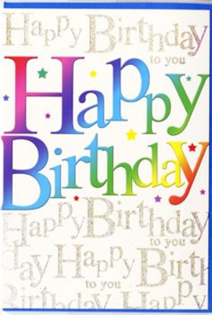 This birthday card design combines vibrant colour with refined detailing, much like the character of Millbank itself-lively yet elegant. Across the middle, the greeting 'Happy Birthday' is displayed in bold, tall letters that immediately draw the eye, each letter shifting gradually through the spectrum. Beginning with deep crimson and magenta tones, the colour melts into warm coral and apricot, then brightens into golden yellow, moves through fresh green, and finally cools into shades of teal, azure, and royal purple. The blending is smooth and controlled, more like a carefully mixed watercolour wash than a stark rainbow, giving the card a polished finish suited to both adults and younger celebrants in the Westminster area. Surrounding the central phrase, tiny coloured stars and dots are scattered across a light ivory background, their varied sizes and hues-pinks, blues, soft golds, and lilacs-creating a sense of movement and festivity, akin to confetti settling on a table after a party near Horseferry Road. Behind this activity, delicate lines of gold script repeat the words 'Happy Birthday to you' again and again. The script is drawn in looping, cursive strokes, overlapping gently to form a soft pattern that shimmers when the card catches the light. The metallic ink adds subtle highlights, echoing the gleam of evening streetlights along Millbank. The main surface appears smooth with a slight sheen, while the rainbow lettering has a more pronounced, ink-rich presence that feels almost embossed under the fingers. Altogether, the card gives off an atmosphere of cheerful sophistication and affectionate intent-a perfect choice for sending warm birthday wishes to someone special in Millbank or nearby Westminster, bringing colour and sparkle to their day.