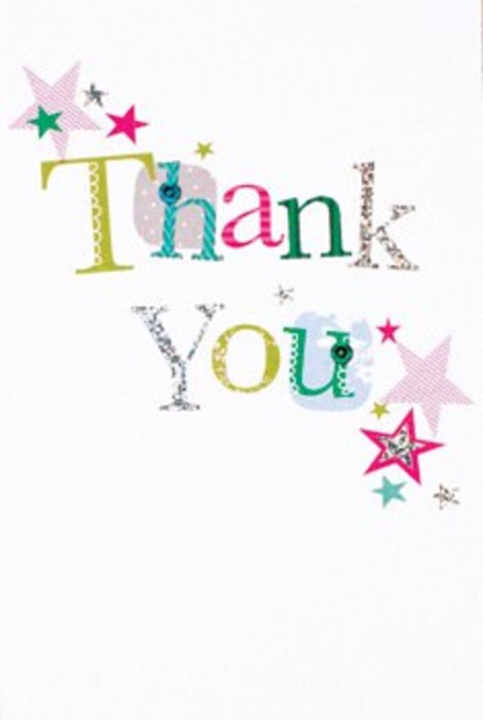 Gracefully designed, this thank you card captures a sense of quiet exuberance-the kind that one might experience lingering by the riverside at Millbank on a bright day. Each letter is its own character, some youthful with dots and playful curves, others refined and almost musical in silhouette, rendered in vivid shades of blush, azure, and chartreuse. Clusters of vibrant stars-pink-striped, turquoise, or softly glinting silver-gather around the words, as if infusing the card with an extra blessing. The whole composition feels lifted and modern, with sparse, stardust-like embellishments enlivening the fresh white background, reminiscent of ephemeral sunlight on Millbank's historic walkways. The design gracefully balances sophistication with a welcoming informality; it would complement a flower delivery along Marsham Street as beautifully as a cheerful bunch picked up on a stroll through the Tate's gardens. Expertly crafted, the card's lively radiance and subtle textures speak to a gratitude that is as uplifting as freshly arranged blooms-an understated, yet memorable way to emphasise heartfelt thanks within the vibrant Millbank community.