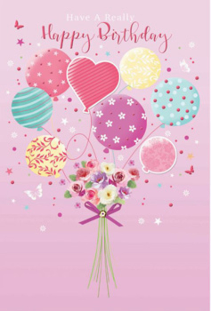 A whimsical birthday composition seems to hover gently over Millbank, where balloons and blossoms rise together as if carried by a soft breeze from the Thames. The background is a smooth, blush-pink expanse, calm and luminous, setting a serene yet joyful stage. In the centre, a cluster of pastel balloons drifts upward-shades of petal pink, minty green, buttery yellow, and lavender quietly blending into one another. Each balloon features its own character: slender stripes that curl like loose ribbons after a party, cheerful polka dots that scatter across the surface, and looser swirls that mimic the gentle eddies of the nearby river. A heart-shaped balloon nestles among them, subtly emphasising love and affection. Anchored beneath this airy display is a small, hand-tied bouquet, drawn with the care of an experienced florist. The flowers resemble petite roses and soft, daisy-like blooms, with velvety petals shaded from cream through blush to soft mauve, as if they've just opened in the morning light streaming into a Millbank townhouse. Their imagined perfume feels delicate and comforting, the kind of scent that quietly fills a room without overwhelming it. The stems are gathered and secured with a violet satin bow, its sheen catching hints of reflective light, adding an elegant finishing touch. Tiny star-like specks and fluttering details float around the arrangement, suggesting confetti or distant butterflies. Altogether, the scene conveys a gentle jubilation-a perfect visual for a birthday greeting meant to delight someone living near the Tate Britain, Millbank Tower, or the leafy paths leading towards Westminster, capturing the tenderness behind every carefully chosen bloom and balloon.