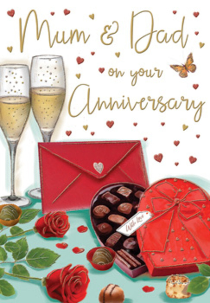 Softly lit anniversary card illustration that feels like an intimate table setting in a Millbank home, arranged with the same care a florist brings to a special order. Two tall, elegant champagne flutes stand at the centre, their slim stems and gently curving bowls rendered with clear, bright detail. Inside, pale golden champagne sparkles, bubbles rising in fine streams that catch the warm ambient light, evoking the soundless promise of a celebratory toast. In the foreground, a heart-shaped box of chocolates becomes the focal point, its rich red lid adorned with a full, satin bow whose loops fall in soft arcs, much like the graceful movement of ribbon cascading from a hand-tied bouquet. The lid is tipped open, revealing rows of chocolates in different shapes and tones of brown, each one nestled snugly in its own compartment. A few pieces are scattered on the table, giving the impression of an indulgent moment shared between partners. To one side, two luxurious red roses lie gently across the surface, their velvety petals densely layered and slightly curled at the edges, teamed with glossy green foliage that suggests freshness and expert selection, as you might expect from a same-day anniversary delivery by Flowers Millbank around nearby Westminster streets. Around the main elements, delicate hearts in crimson and gold drift across a softly textured background, surrounding the scene with a sense of romantic celebration. At the base, a bright red envelope rests neatly closed, hinting at handwritten words of affection, gratitude, or an anniversary message for Mum and Dad. Altogether, the card conveys a mood of warmth, quiet luxury, and the simple joy of marking another year together with flowers, chocolates, and a shared glass of fizz.