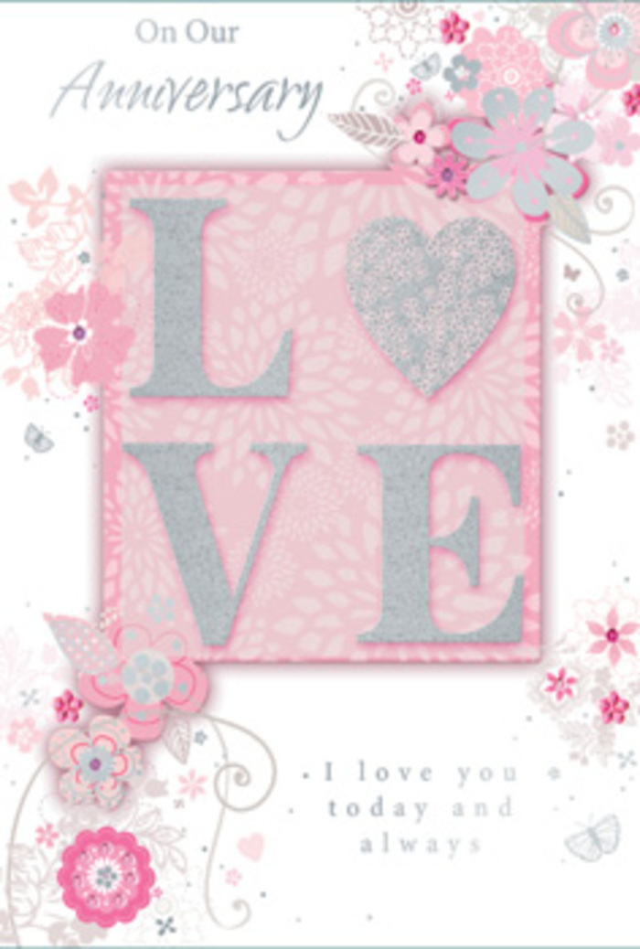 This anniversary card has the quiet grace of a private celebration in a sunlit Millbank townhouse, where love is honored in subtle, beautiful details. Across the centre, the word LOVE forms the primary motif, printed in large capital letters that have been embossed and finished with a frosted glitter texture. Each letter appears thick and gently rounded, the glitter catching and diffusing the light as if it were a dusting of fine sugar. The raised lettering invites touch, encouraging fingers to linger on the word that anchors the card's message. Around this focal point, wispy, hand-drawn blooms and botanical sprays drift along the borders, framing the central panel without intruding upon it. The flowers are illustrated in soft hues of blush pink, lilac-tinted white, and warm ivory, with slender stems and leaves curving in graceful arcs reminiscent of a florist thoughtfully arranging stems in a vase. Subtle details-fine filigree lines, tiny leaves, and faint, almost-hidden butterflies-add layers of visual interest, suggesting the gentle flutter of hearts and the movement of a light breeze through flowers on a balcony near Millbank. The background is a gentle pink wash, even and calming, that helps the glittered word and delicate floral line work stand out in quiet contrast. In the lower or upper section of the card, a simple, heartfelt message such as I love you today and always is printed in an elegant, restrained script, ensuring that the typography complements the artwork rather than competing with it. Taken together, the colours, textures, and composition give the impression of a hand-tied bouquet translated into paper: intimate, elegant, and filled with gratitude for a love that endures.