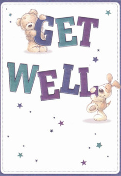 This vibrant get well card conjures a sense of joyful comfort reminiscent of a bouquet crafted by skilled florists in the heart of Millbank. Centring the scene, a plush teddy bear and a cheerful, floppy-eared puppy bring the message to life with their animated presence-one tenderly clutching the bold upper 'GET,' the other playfully circling the solid 'WELL' beneath. Their rounded, friendly shapes and sparkling, hope-filled eyes exude warmth, transforming the card into a conduit of caring intent. Rich tones of deep purple and teal colour the energetic typography, reminiscent of the artful shades often seen in flower arrangements near Regency Street or the Westminster embankment. Scattered stars in luminescent blue and violet arc across the card, like dreamy confetti of encouragement drifting over the white canvas. The softness apparent in the illustrated fur, the expressive tilt of a paw or ear, evoke the textural delight and emotional reassurance that come from a thoughtfully constructed bouquet. As a local, I see the nurturing heartbeat of Millbank in every aspect-a landscape where kind gestures matter and even a card can bring much-needed lightness to difficult days. This design, full of sincere affection and visual joy, makes for a perfectly uplifting gesture for those in need of a little extra hope and care.
