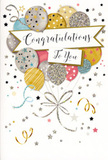 In this congratulations card design, the scene feels like a contained burst of happiness, akin to a small yet meaningful celebration tucked away in a Millbank flat after work. The central focus is a bouquet of round balloons illustrated in tones that blend luxury with softness: brushed gold, cool silver, champagne, sky blue, blush pink, and light grey. Each balloon has its own whisper of detail-fine stars, narrow stripes, or a dusting of glitter-like specks-creating a subtle shimmering effect where they overlap, as though reflecting the soft glow of indoor lighting near the Thames. Slender ribbons, drawn in shimmering gold and silver, tumble down from the cluster in relaxed curls, crossing and looping with the easy grace of real satin streamers tied around a celebratory bouquet. Gently draped across the composition is a banner bearing the words Congratulations To You in flowing, elegant script. The lettering is ornate without feeling fussy, suggesting a message suitable for promotions in the Westminster offices, graduation milestones, or new beginnings celebrated quietly with close friends. Around this focal point, the background remains pale and soothing, scattered with tiny metallic stars, confetti-like dots, and curling lines that conjure the delightful mess of party decorations once the toasts are over. There's an airy sense of movement, as if the balloons are drifting slightly upward in a calm, indoor breeze. You can almost imagine the smooth surface of the card under your fingers and the gentle texture where metallic inks catch the light. For local celebrations across Millbank and nearby Pimlico, this card would sit beautifully beside a fresh arrangement, together expressing pride, admiration, and a softly glamorous kind of joy.