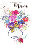 The Mother's Day card shows an exuberant, painterly bouquet that seems to dance in the centre of the page, echoing the rhythm of daily life around Millbank. At its heart, clusters of blooming flowers in rich pink, cerise, and bright magenta spill outward, their petals formed by soft, fluid brushstrokes that blur slightly at the edges, as if the colours are still drying. Inky indigo outlines wrap loosely around some of the blossoms and leaves, adding depth and contrast while maintaining an easy, hand-drawn feel. Cooler notes of blue, violet, and a touch of pale green slip between the warmer hues, calming the composition much like the calm stretch of river just beyond the embankment. Delicate strokes and tiny arcs of gold highlight individual petals and foliage, sparkling gently and recalling the way low evening light can skim across fresh arrangements displayed in a local florist's window. The blooms gather into a gently shaped vase at the lower part of the design, suggested with transparent washes of colour and tied with a refined golden bow that conjures the sound of ribbon softening beneath a florist's fingers. Around the central bouquet, speckles of paint, whimsical hearts, and scattered droplets drift across the crisp white background, creating a sense of movement and celebration, like flower petals caught in a breeze along Millbank's walkways. The artwork captures the warmth of a heartfelt thank-you, blending the joy of spring flowers with the quiet intimacy of family moments, making it a tender tribute to mothers celebrated across this riverside neighbourhood.