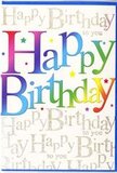 This birthday card radiates cheerful energy, the kind of design you could easily imagine being chosen from a well-curated display near Millbank's galleries and riverside paths. The front is anchored by a large, central 'Happy Birthday' greeting, the letters tall and rounded, each one alive with a fluid gradient of colour. The progression runs smoothly from bold reds and pinks into juicy oranges, sunny yellows, and then flows into verdant greens, vivid blues, and a final sweep of violet and indigo, giving the impression of a continuous ribbon of colour stretching across the card. Around the letters, small star shapes and tiny dots in matching and contrasting tones are scattered over a warm, off-white background, adding a playful touch that evokes birthday confetti or sparkling lights after sunset on the Thames. Behind this, the phrase 'Happy Birthday to you' is written repeatedly in elegant gold cursive, the script overlapping lightly to form a soft, shimmering backdrop without taking focus away from the main words. The metallic finish catches light gently, so that the background appears to glint and glow when the card tilts, much like reflections dancing on the river beside Millbank. The card surface looks smooth and slightly glossy, with the colourful main lettering printed in a more substantial, ink-rich style that might feel lightly raised under your fingertips. The design balances bright, modern colour with a sense of classic celebration, making it suitable for marking any birthday-from relaxed family gatherings in Westminster flats to polished office celebrations nearby-sharing the simple, universal joy of a well-wished 'Happy Birthday'.