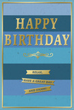 This graceful birthday card blends cool blue tones with polished golden accents, creating a feeling of composed celebration that would suit any Millbank setting, from a modern riverside flat to a cosy studio tucked near Westminster. The background is formed by generous horizontal stripes, each a subtly different shade of blue, layered from deep navy at the base through denim and teal to gentle sky blue near the top. The transition between colours is seamless, giving the impression of evening light gradually softening over the Thames. The finish looks velvety and matte, allowing the metallic elements to shine. In the centre, the phrase HAPPY BIRTHDAY stands out in embossed gold capital letters, slightly raised so that every curve reflects ambient light with a soft, dignified gleam. Just beneath, a delicate golden flourish sweeps across the card, like a refined signature separating the main greeting from the words below. Three slender gold banners sit in a tidy stack, each subtly curved and carrying a portion of the heartfelt message: Relax, have a great day and enjoy! Their tone is conversational and kind, echoing the thoughtful care of a friend. A fine gold border frames the card, giving it a finished, gallery-like feel, as though it were a small artwork. It's easy to picture this card placed beside a fresh bouquet from a local Millbank florist, the rich blues complementing cool floral tones while the gold details catch daylight from a nearby window. The overall impression is calm, sophisticated, and warmly personal-a birthday wish that invites the recipient to slow down and truly savour their special day.
