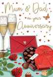 Warm and romantic anniversary card scene that looks like a lovingly arranged vignette in a Millbank apartment, lit by gentle evening glow. At its heart stand two tall champagne flutes, their crystal-clear glass reflecting soft highlights as streams of golden bubbles rise gracefully through the effervescent drink. They are placed close together, suggesting an intimate toast between two people whose lives have become beautifully intertwined. In front, a heart-shaped chocolate box in a vivid, velvety red captures the eye, topped by a lush satin bow whose loops and tails drape gracefully across the lid. The box is partially open, revealing an orderly selection of chocolates-smooth, glossy pieces resting in dark little cups-with one or two chocolates scattered on the table, hinting at shared indulgence. To the side, two deep red roses lie across the surface, their velvety petals richly layered and edged in soft curves, paired with fresh green leaves that recall the careful work of a Millbank florist preparing an anniversary bouquet for delivery along the Embankment or into nearby offices. Around the central arrangement, delicate hearts in crimson and shimmering gold float across a pale, softly glowing background, giving a sense of celebration without overwhelming the composition. At the bottom of the image, a bright scarlet envelope rests with its flap closed, poised as if ready to be opened to reveal affectionate words, perhaps written to Mum and Dad or to a long-term partner. The whole card radiates quiet joy, tenderness, and the comforting sweetness of shared memories marked by roses, chocolate, and champagne.